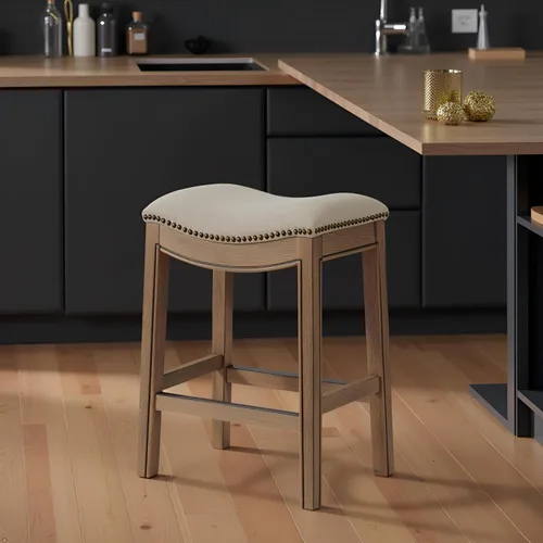 Vista 5 de Williston Taburete de altura de mostrador, asiento de sillín sin respaldo de 26 pulgadas de alto con tapicería similar al lino, marco de madera