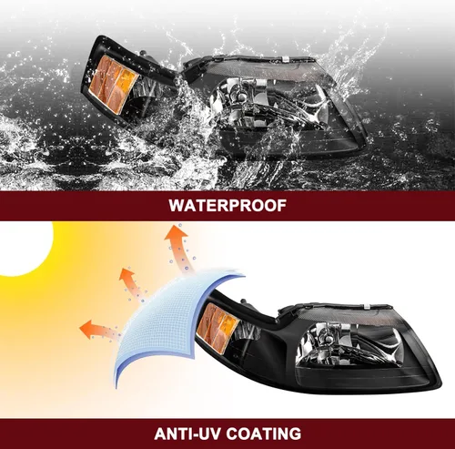 Vista 8 de JSBOYAT Par de faros delanteros con bombillas para Ford Mustang 1999-2004 kit de repuesto (carcasa negra con reflector ámbar)