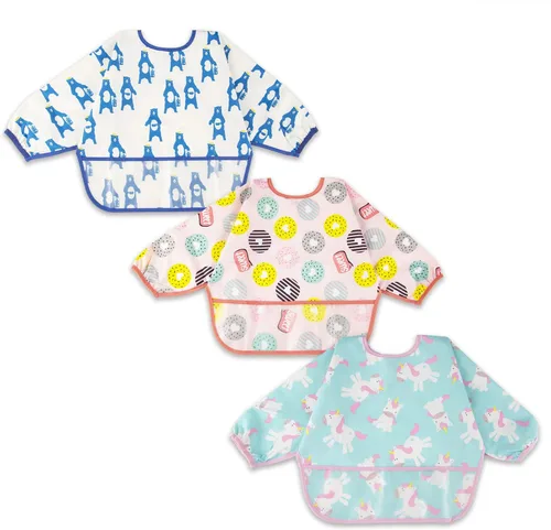 Vista 12 de Juego de baberos de manga larga de 3 piezas, baberos impermeables para bebés con bolsillo, babero para niños pequeños con mangas, bata resistente a
