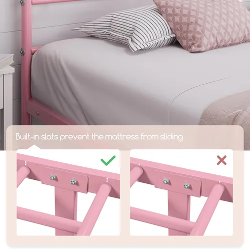 Vista 7 de Yaheetech Base de cama de tamaño individual con plataforma de metal con cabecera, estribo, amplio almacenamiento debajo de la cama, no necesita