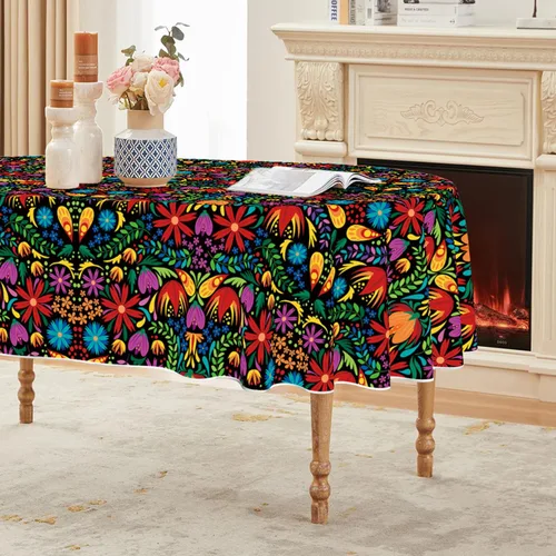 Vista 10 de Horaldaily Mantel rectangular de mesa de México 52x70 pulgadas, diseño festivo de Halloween y Cinco de Mayo, mantel de temporada lavable para Negro