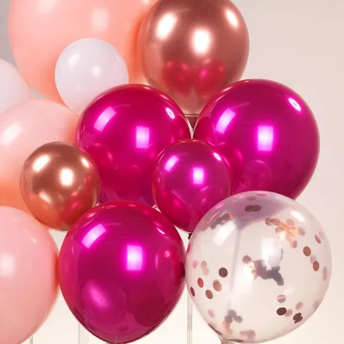 Vista 6 de Kit de guirnalda de globos de oro rosa magenta, 137 globos cromados de doble relleno, color rosa intenso y blanco con forma de estrella para niñas