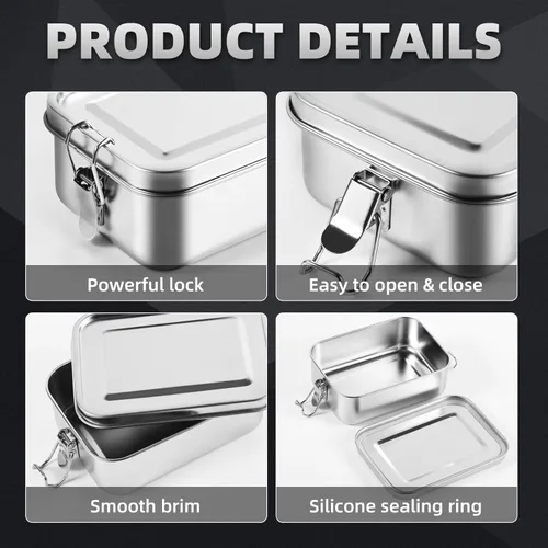 Vista 3 de 2 cajas Bento de acero inoxidable, 28.7 fl oz (28 onzas), recipientes metálicos para almacenamiento de alimentos, cajas reutilizables aptas