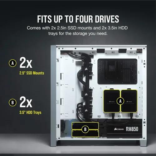 Vista 8 de Corsair Caja de PC ATX de media torre de vidrio templado de flujo de aire 4000D - Blanco