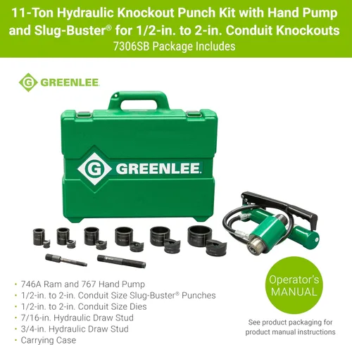 Vista 2 de Greenlee 7306SB Kit de punzón hidráulico de 11 toneladas con bomba de mano, carnero, punzones de 1/2" a 2" Slug-Buster, troqueles y pernos