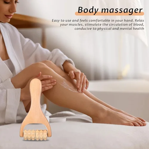 Vista 6 de Rodillo de masaje de madera, herramienta de masaje de cuentas de mano para piernas, pies corporales, rodillo muscular, 2 uds