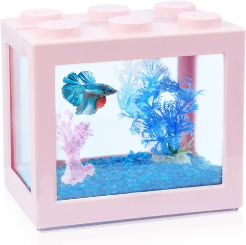 Vista 8 de Pequeño tanque de peces Betta, mini tanque apilable de pecera, kit de tanque de acuario rectangular de 3/5 galones con decoración de grava
