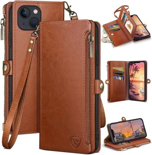 Vista 9 de XcaseBar Funda tipo cartera compatible con iPhone 13 de 6.1 pulgadas con cremallera y tarjetero de crédito con bloqueo RFID, funda de piel sintética