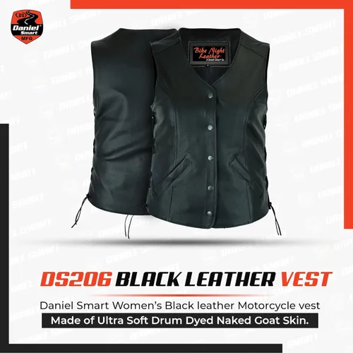 Vista 4 de Daniel Smart Motorcycle Vest for Women Open Neck Leather Vest with Unique Design and Inside Carry Pockets