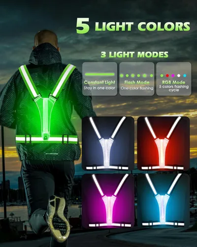 Vista 4 de Zacro LED Reflective Vest Running Gear, 5 Lights Colors High Visibility Reflective Gear Rechargeable Light Up Vest for Walking Running Cycling Azul