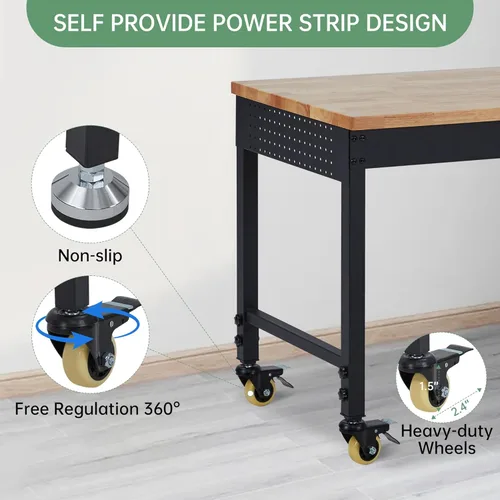 Vista 6 de Work Bench for Garage, 48" Adjustable Workbench with Power Outlets, Wheels, 2000 LBS Load Capacity, Heavy Duty Rubber Wood Top for Garage