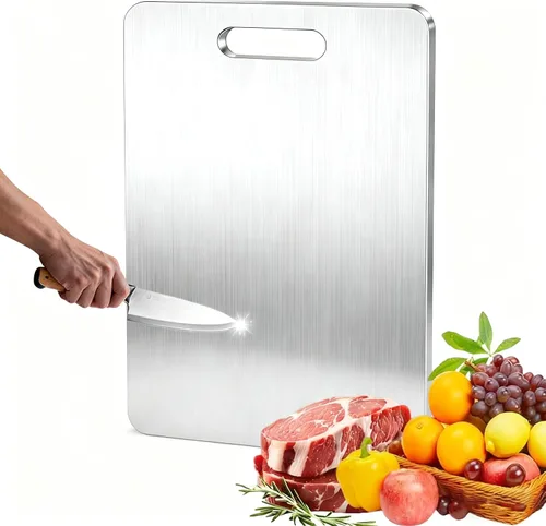 Vista 8 de Juego de 3 tablas de cortar de acero inoxidable para cocina, juego de tablas de cortar antiadherentes de acero inoxidable 304, aptas