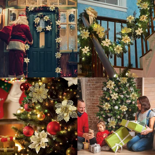 Vista 7 de Whaline 24 piezas de flores artificiales de Navidad con purpurina dorada con 24 clips para árbol de Navidad, adornos de flores para árbol