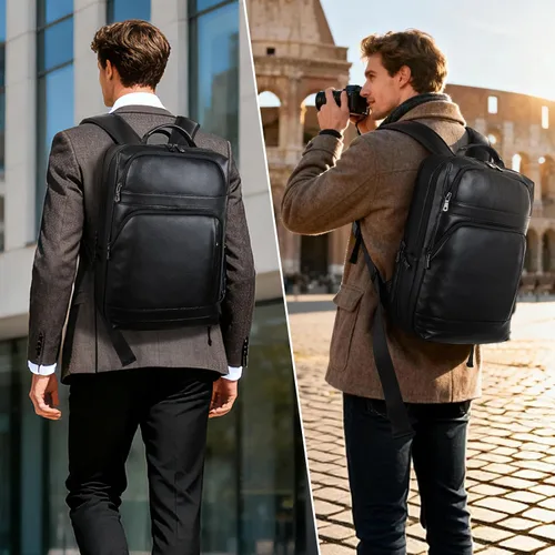 Vista 2 de Masa Kawa Mochila de cuero negro, 16" bolsa de viaje de trabajo de negocios