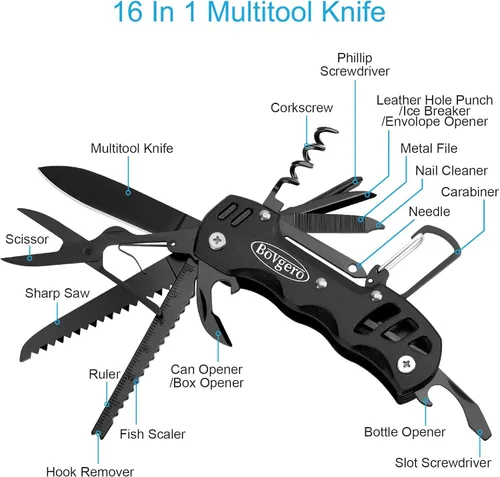 Vista 3 de Bovgero Cuchillo Multiherramienta, Cuchillo de Bolsillo 16 en 1, Cuchillo Multiherramienta Hecho a Mano, Regalo de Cumpleaños y Navidad para Hombres