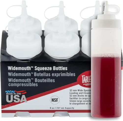 Tablecraft Botellas de plástico exprimibles para condimentos, restaurante de uso comercial, boca ancha de 2.087 in, punta de cono con tapa atada