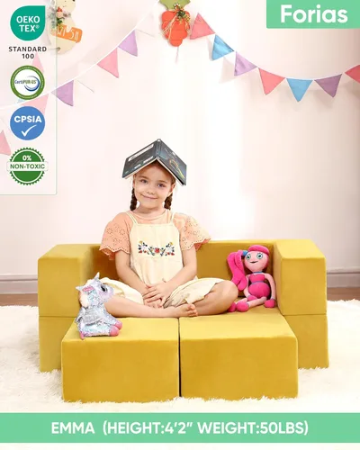 Vista 2 de Forias Kids Couch Toddler Couch Sofa for Kids, Modular Kids Foam Sofa for Playroom Bedroom, Convertible Toddler Fold Out Play Couch Set with