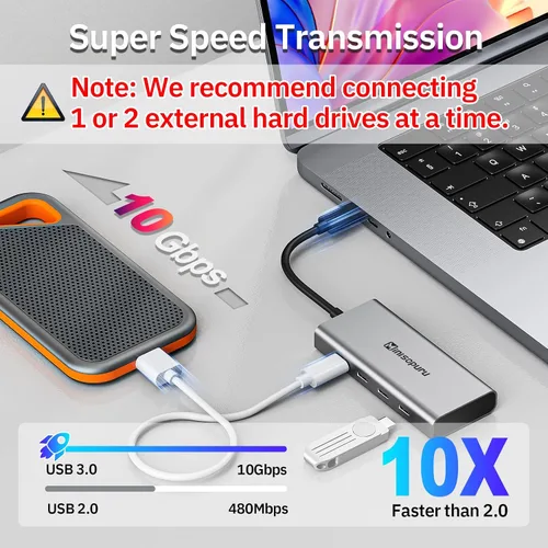 Vista 4 de Minisopuru Hub USB C – Adaptador multipuerto USB C Hub de 10 Gbps para laptop, entrega de energía USB C Hub con PD de 100 W