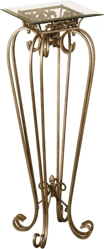 Vista 7 de Touch of Class Mesa pedestal de metal calcedonia con desplazamiento – Vidrio biselado – Oro antiguo – Hecho de hierro – Parte superior cuadrada