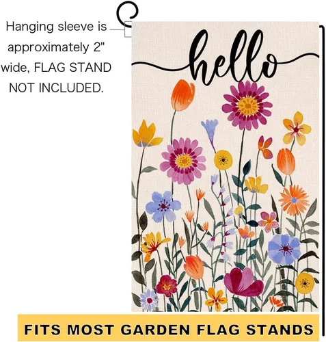 Vista 6 de Bandera de jardín floral con texto en inglés «Hello Spring» de 12 x 18 pulgadas, vertical, de doble cara, flores coloridas de verano, casa de campo