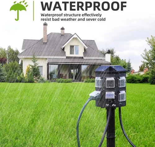 Vista 5 de TiFFCOFiO Tira de alimentación para exteriores resistente a la intemperie, cable de extensión de 15 pies con estaca, 6 tomas de tierra