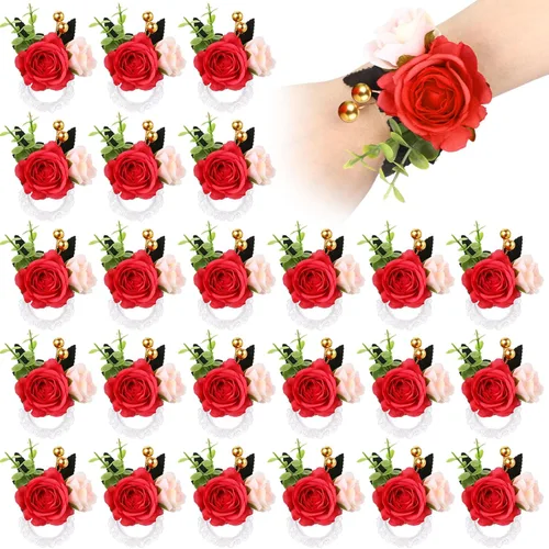 Vista 8 de Sherr 24 pulseras de ramillete de rosas de boda para novia, dama de honor, mujeres, pulseras de flores, decoración de bodas, flores artificiales