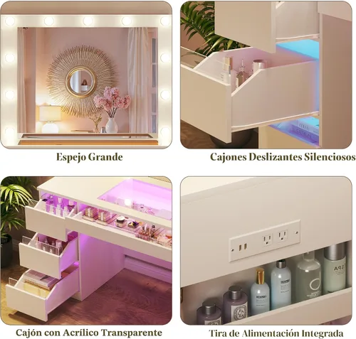 Vista 12 de Escritorio de tocador con espejo iluminado y parte superior transparente, escritorio de tocador de maquillaje con 4 cajones transparentes e
