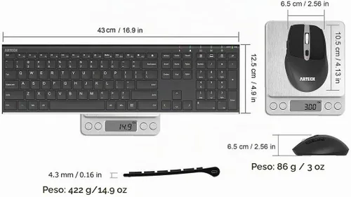 Vista 6 de Arteck Combo de teclado y mouse inalámbricos de 2.4 G, teclado de tamaño completo de acero inoxidable y mouse ergonómico con botones laterales
