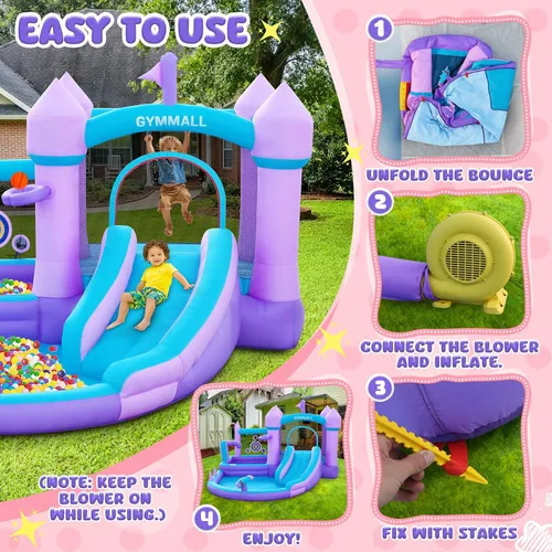 Vista 7 de Casa de Rebotes Inflable para Niños 3-8, Castillo Hinchable Grande Morado con Tobogán, Soplador de Aire de 480W, Espacio para Saltar, Piscina
