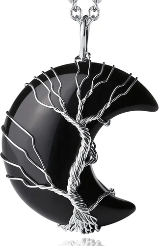 QINJIEJIE Collares de cristales para mujer, collar de obsidiana negra, collar curativo de cuarzo para árbol de vida, alambre de luna creciente,