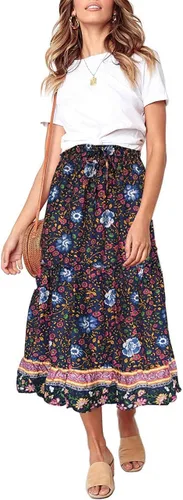 MEROKEETY - Falda larga por debajo de la rodilla, acampanada y plisada de cintura alta con estampado floral bohemio para mujer