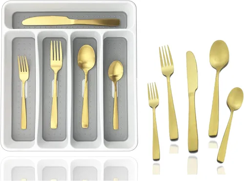 Vista 10 de JASHII - Juego de cubiertos con bandeja, 20 piezas de acero inoxidable cuadrado cubiertos servicio para 4, acabado mate, utensilios de alimentación