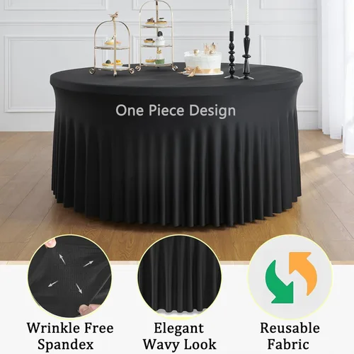 Vista 3 de Manteles redondos de elastano negro sin arrugas, 120 pulgadas para mesas de 60 pulgadas, manteles elásticos para mesas redondas de 5 pies, bodas