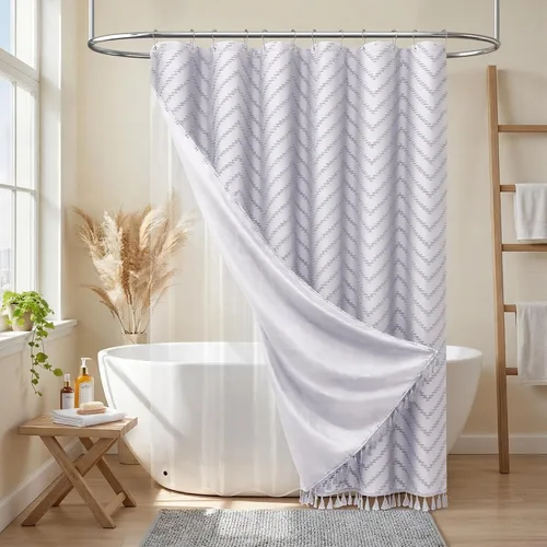 Vista 72 de Dynamene - Cortina de ducha de tela bohemia con rayas con chebrón en relieve, juego de cortina angosta para baño, media cortina impermeable