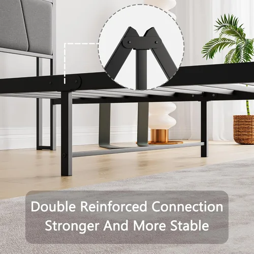 Vista 17 de BOFENG Base de cama de tamaño matrimonial con cabecera de almacenamiento, estación de carga USB, plataforma de metal resistente, marco de cama doble