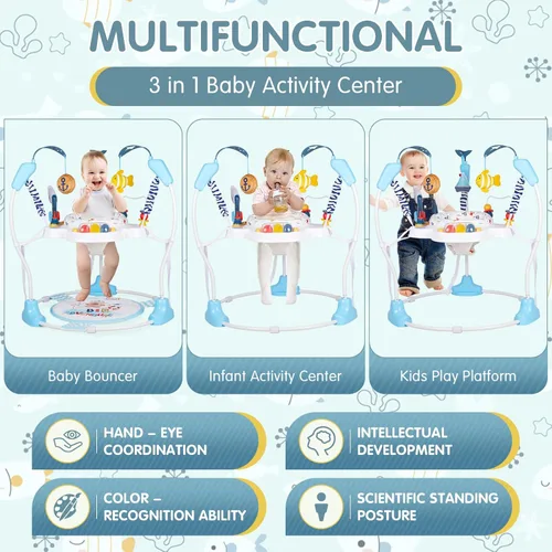 Vista 5 de Centro de Actividad para Bebé, Saltador de Bebé 3 en 1, Centro de Actividad Infantil con Asiento Giratório 360°, Música, Luces, 3 Alturas