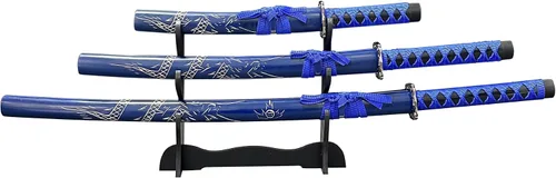Vista 3 de Juego de espada samurái decorativa, colección Katana azul de 3 piezas con soporte de exhibición, 39.3/31.1/20.4 pulgadas