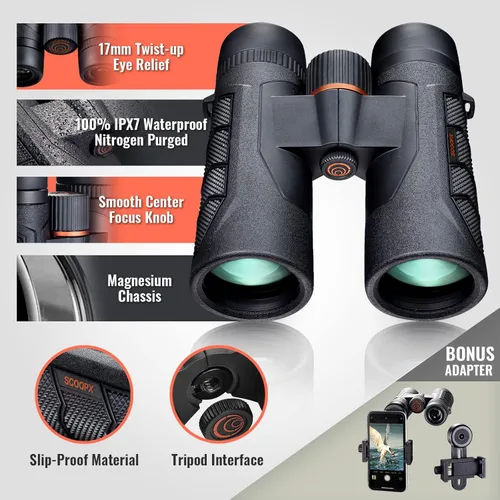 Vista 5 de Binoculares Ultra HD de 10 x 42 con adaptador de teléfono y arnés – Ocular de visión grande de 0.945 in, nitidez de borde a borde, campo de visión