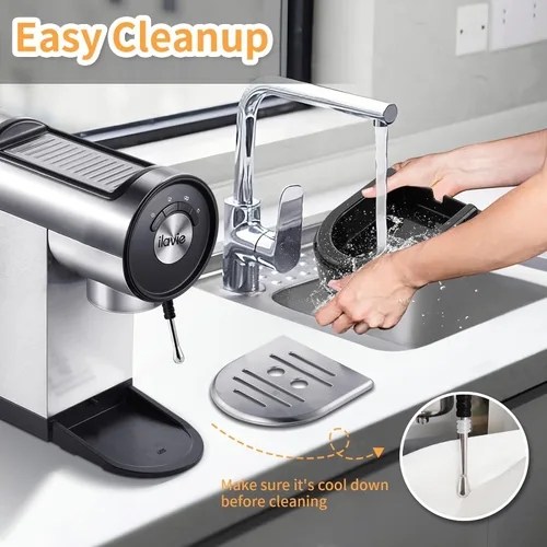 Vista 6 de ILAVIE Máquina de café expreso, máquina de café expreso con espumador de leche, mini cafetera de espresso automática de 20 bares, color plateado