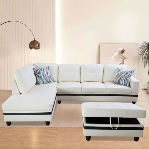 Vista 16 de Sofá de piel sintética de 3 piezas en forma de L con otomana, juego de sofá seccional para sala de estar, oficina, apartamento, con soporte