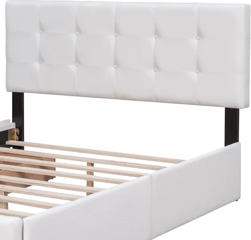 Vista 19 de P PURLOVE Cama de plataforma tapizada con 4 cajones, tamaño Queen, plataforma de almacenamiento con cabecero, no necesita somier, marco de cama beige