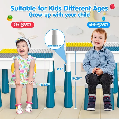 Vista 7 de OCATO Juego de mesa y 4 sillas para niños pequeños: mesa de actividades con 152 piezas de bloques de construcción grandes de mármol