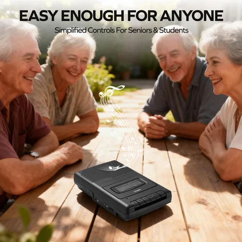 Vista 2 de Coby Reproductor de casetes portátil y grabadora con micrófono de pie - Grabadora de cinta retro con altavoz integrado, entrada auxiliar, conector