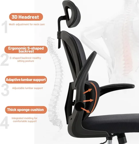 Vista 4 de Silla ergonómica de oficina para computadora con reposabrazos abatibles y soporte lumbar, sillas de escritorio de malla con respaldo alto