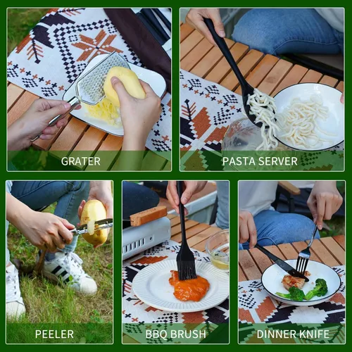 Vista 5 de Wesqunie Camping Cooking Essentials Utensils Set - Camp Cookware Kitchen Accessories Kit, Camper Gear Must Haves, Stainless Steel & Silicone, RV Car