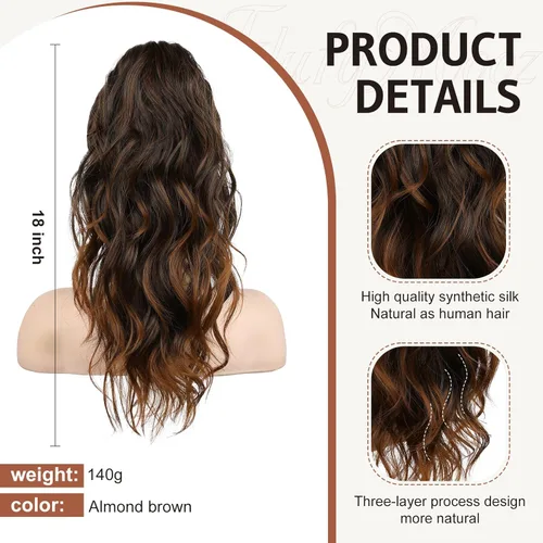 Vista 2 de FLUFYMOOZ Extensión de cola de caballo, extensión de cola de caballo con clip de garra de 18 pulgadas, extensiones de cabello ondulado y rizado