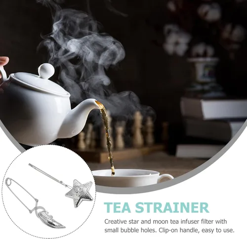 Vista 5 de Juego de 2 infusores de té de mango largo, coladores de té en forma de luna y estrella de acero inoxidable para té de hojas sueltas, ideal para uso