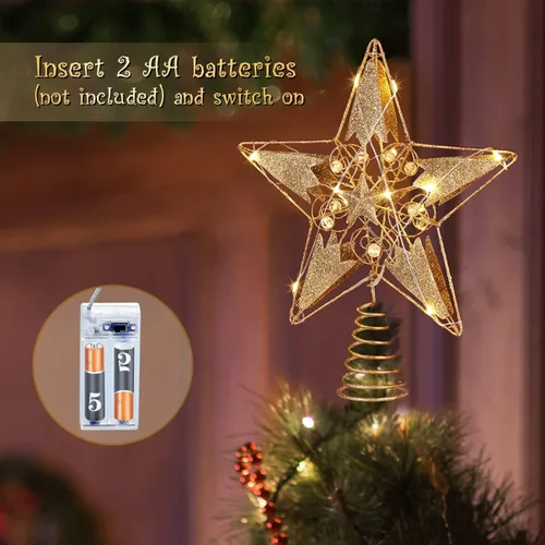 Vista 3 de Decoración para árbol de Navidad, 15 luces LED iluminadas para árbol de Navidad, decoración de estrella dorada para decoración interior del hogar