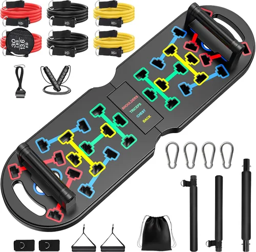 Portable Home Gym Workout Equipment, Push Up Board, Pilates Bar & Fitness Accessories with Resistance Bands for Upper Body Strength Training Full
