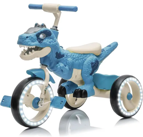 Triciclo de dinosaurio para niños, triciclo para niños pequeños, rueda grande con ruedas anchas de EVA flash, pedales antideslizantes, cesta de Azul